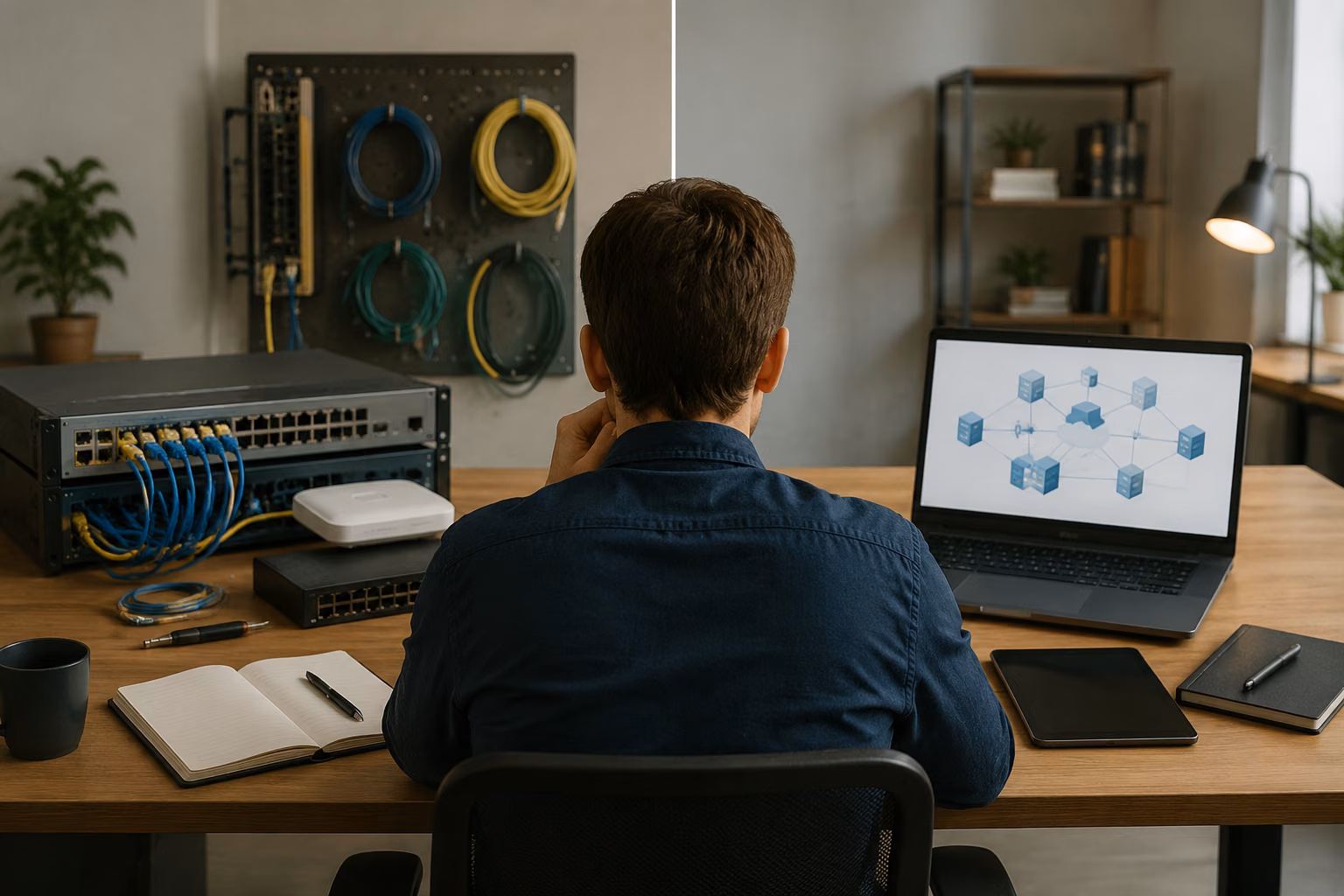 A learner compares two enterprise network training paths beside physical lab equipment and a laptop in a balanced study workspace.