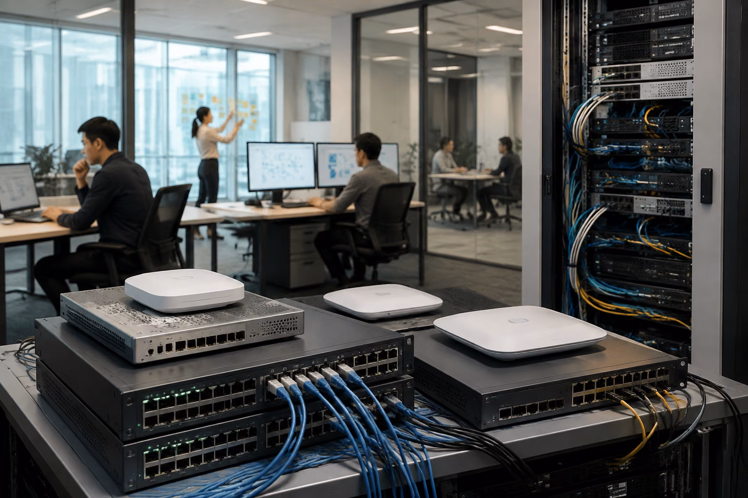 Enterprise networking equipment connected across a professional technology workspace, with distinct work areas suggesting varied networking career paths.