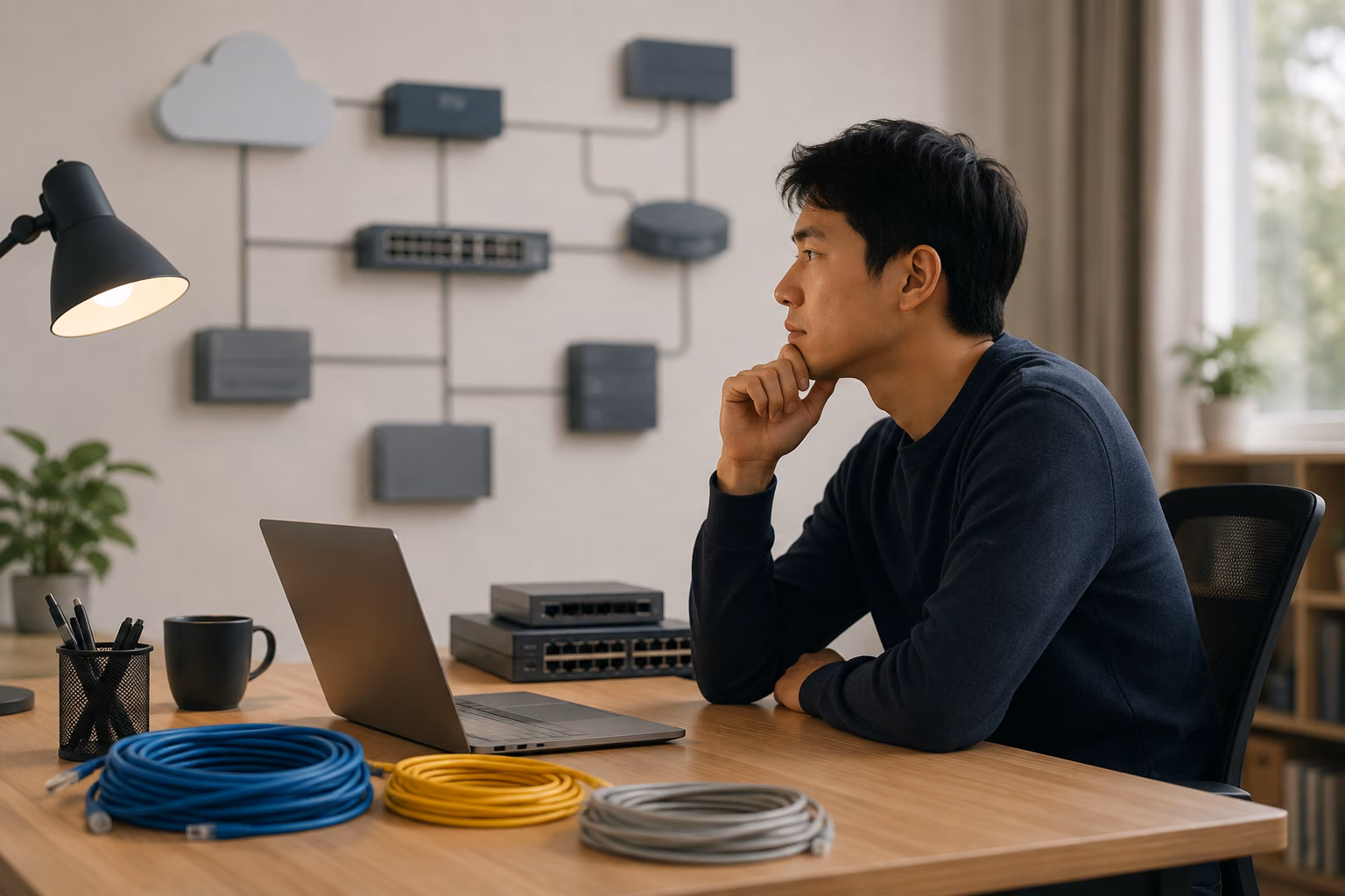A person at a desk considers a networking career path beside a laptop, cables, and connected equipment shapes.
