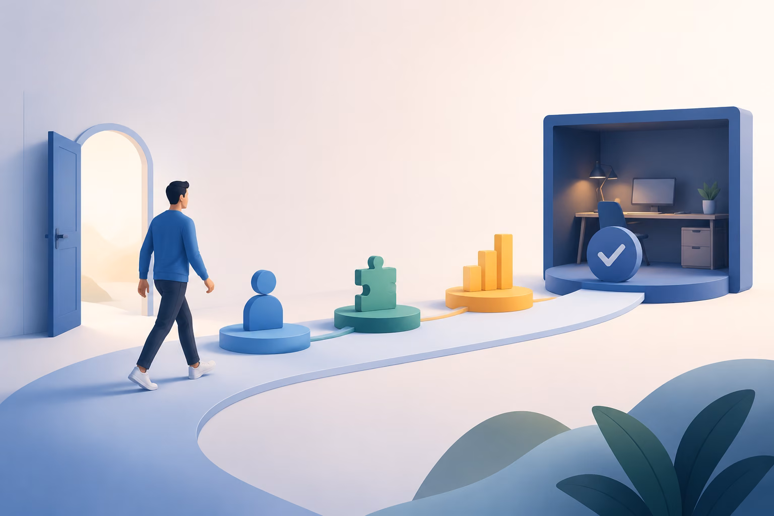 A person follows a clear path of abstract milestones toward a completed product workspace in a clean editorial composition.