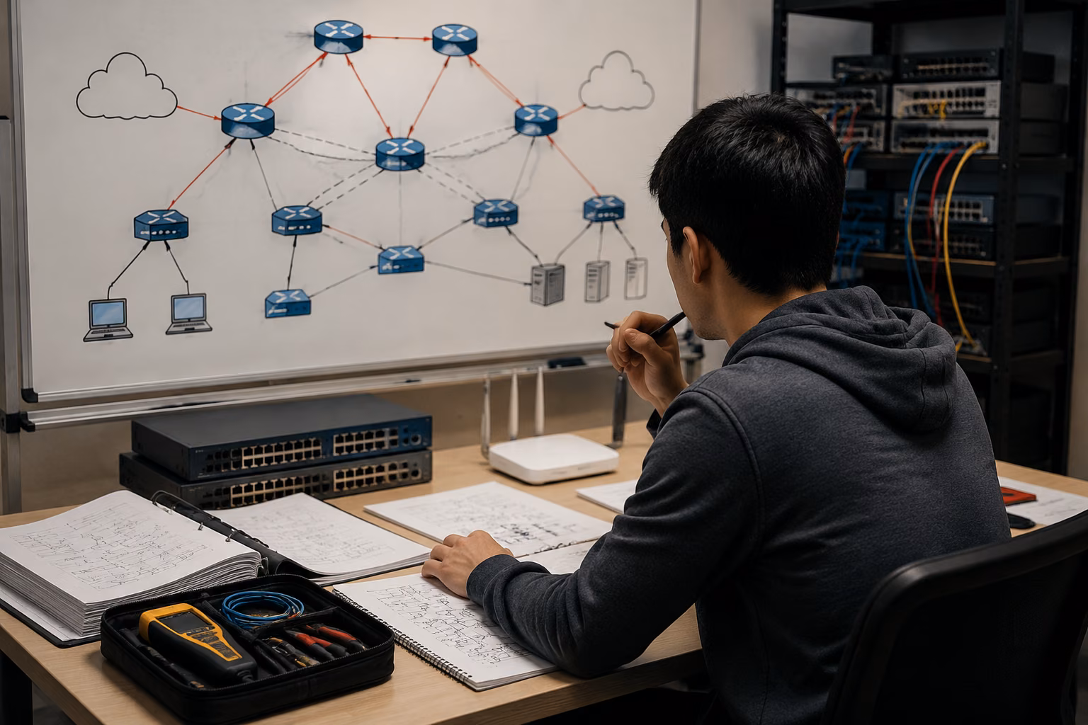 Learner examining interconnected routers and switches at a troubleshooting workstation with diagnostic materials arranged around the scene