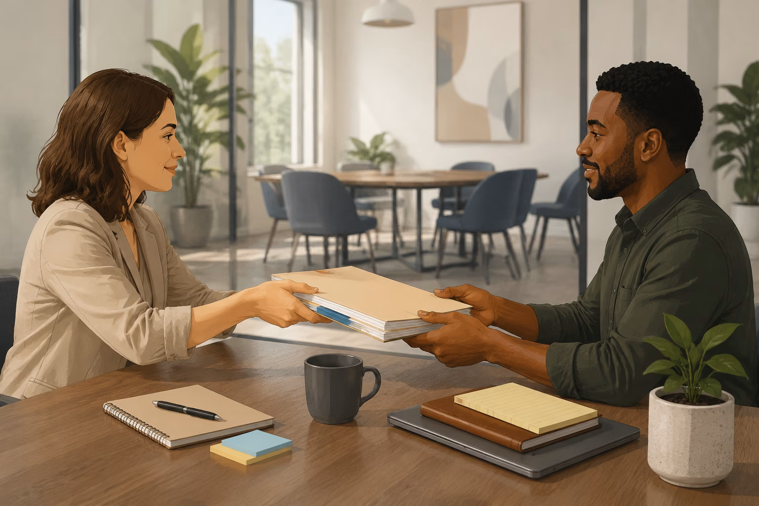 Two teams exchange a structured customer handoff in a calm meeting workspace, with organized materials in the foreground and a clear path toward kickoff.