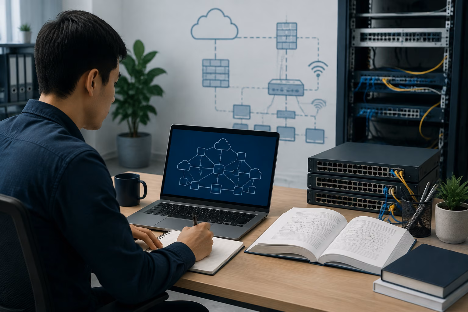 A learner studies enterprise networking concepts at a desk with abstract network connections and equipment arranged in the background.