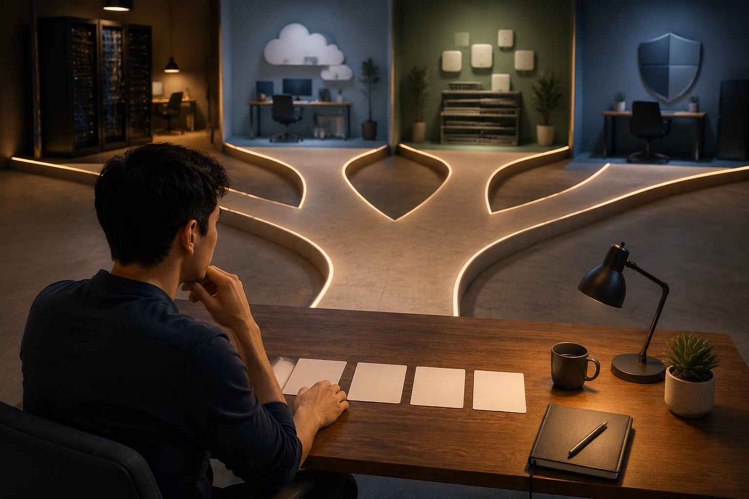 A learner compares blank certification pathway cards at a desk beside branching technology-themed workspaces.