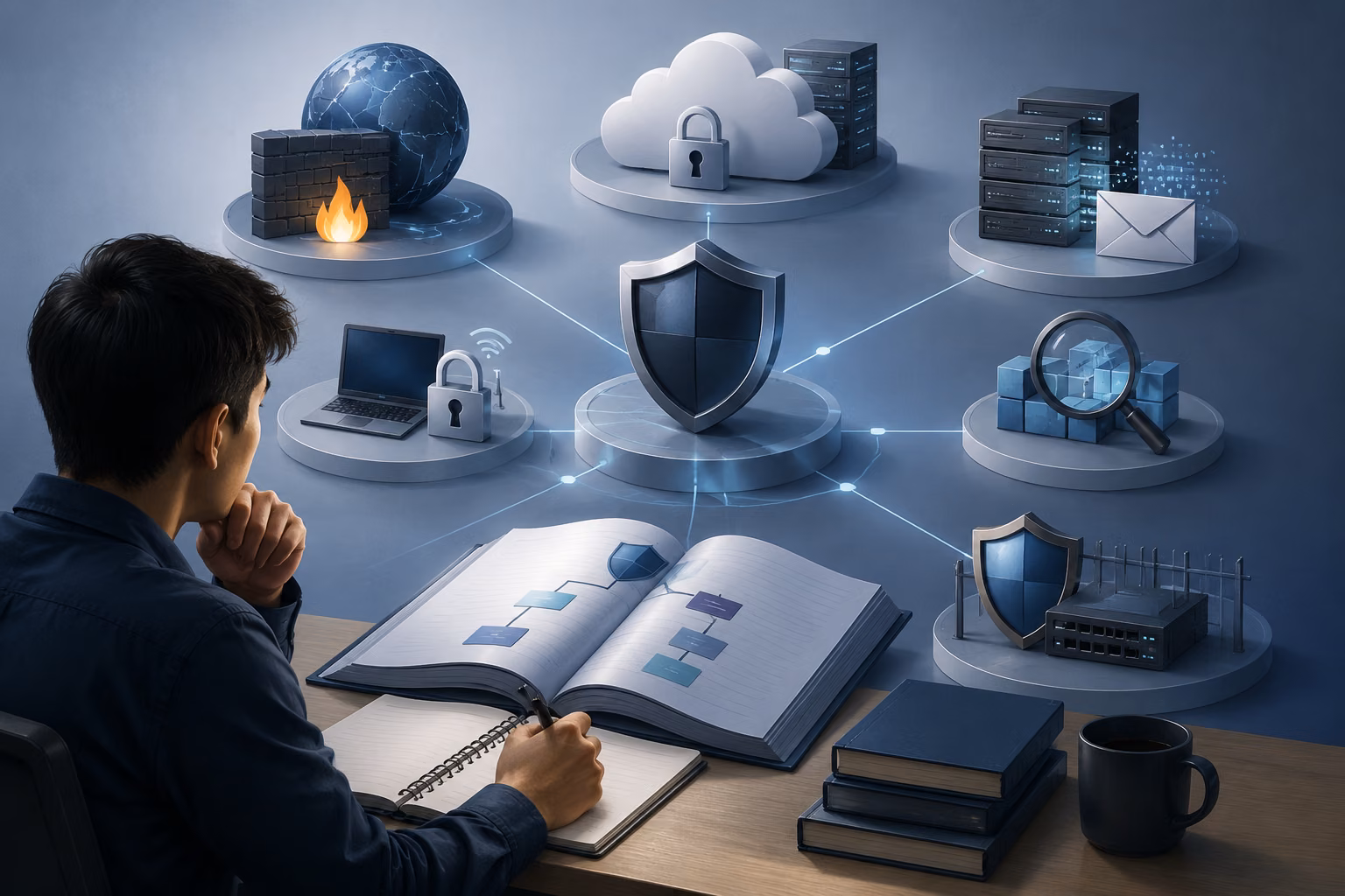 A learner reviews a structured security certification path beside interconnected network, cloud, content, and access security elements.