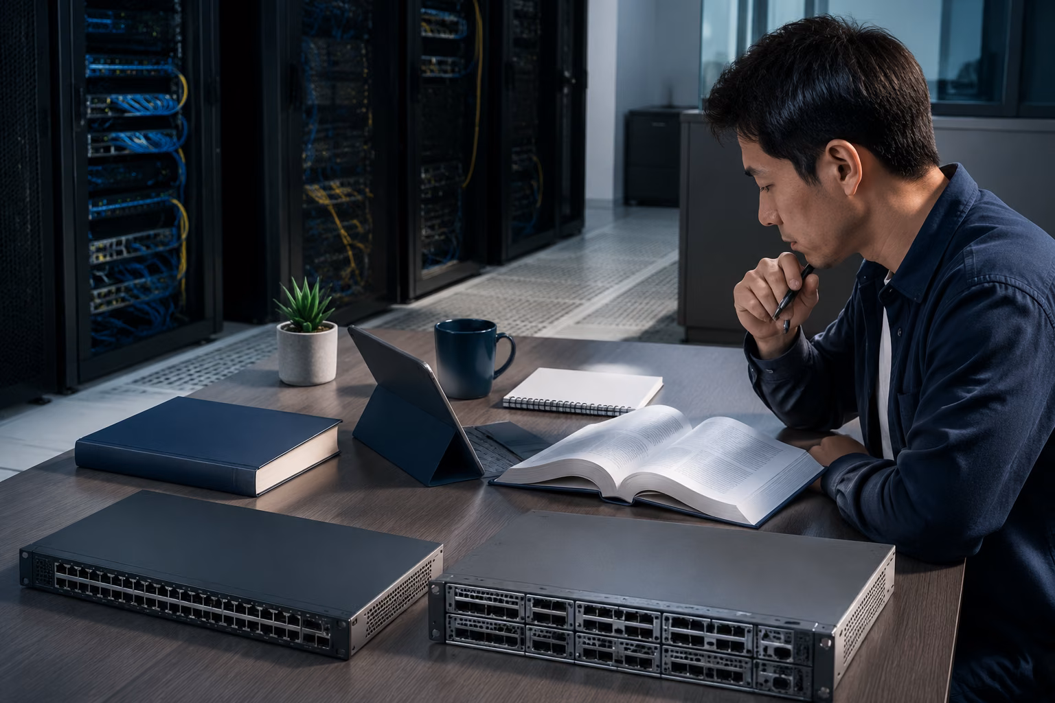 A data center professional reviews study materials beside network equipment, with a clean scene suggesting exam planning and training choices.