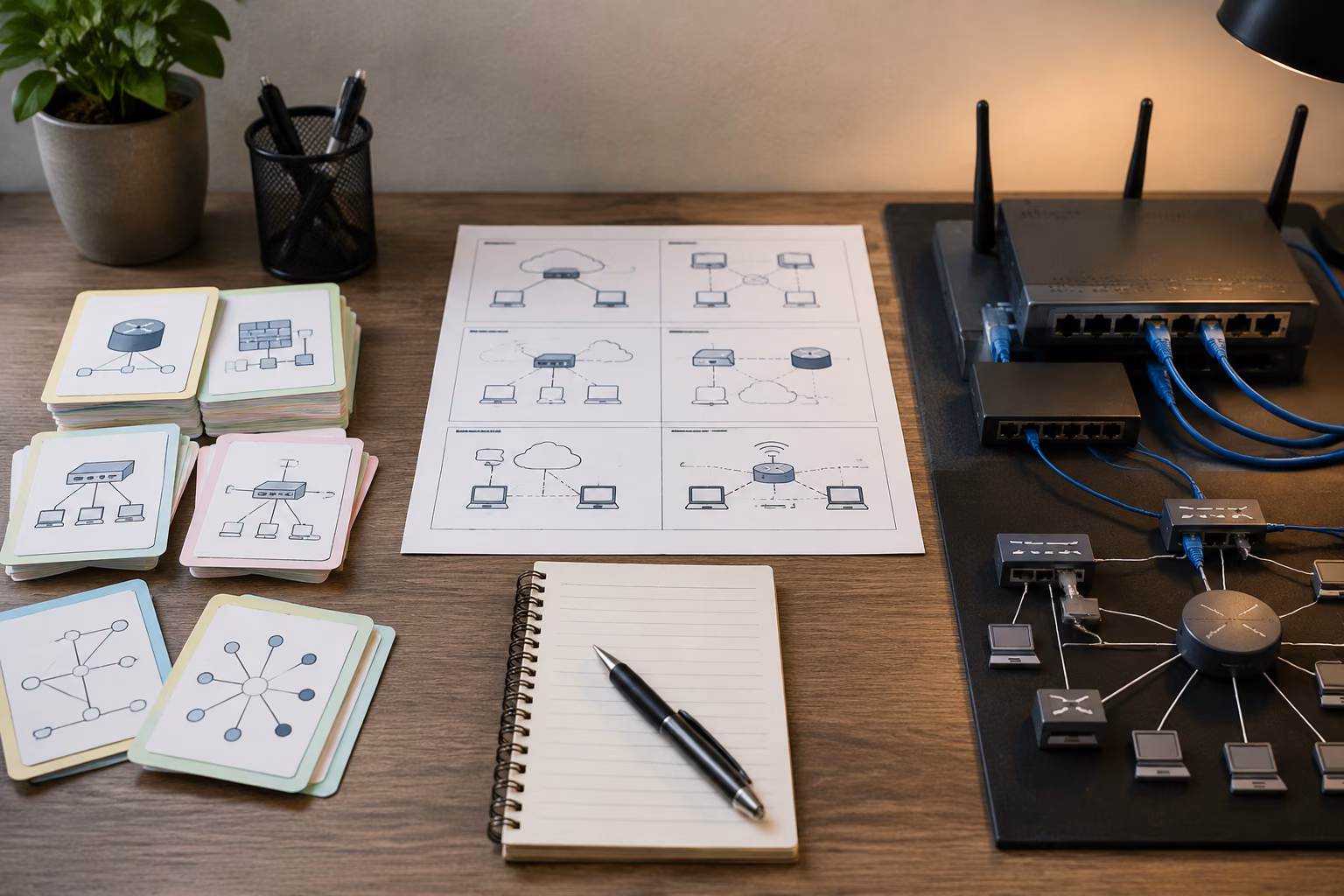 A study workspace arranged into separate areas for topic practice, mixed-question practice, and hands-on network simulation.