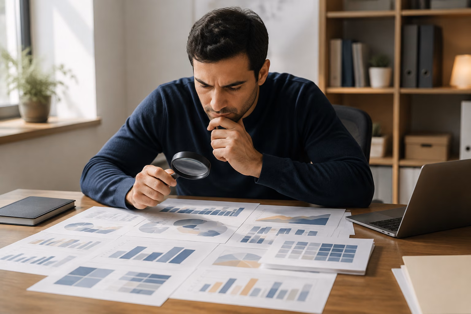 A person examining layered salary information sheets with a magnifying glass on a professional desk