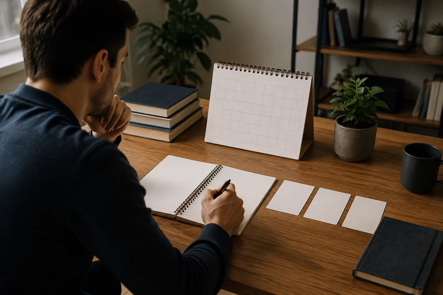A certification professional reviews renewal materials, a calendar, and blank pathway cards arranged across a clean desk.