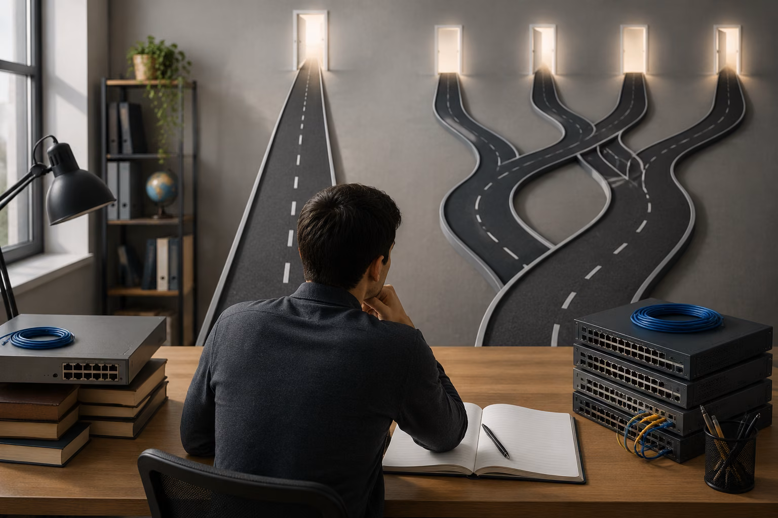 A learner at a desk considers two branching networking study paths among network equipment and notes.
