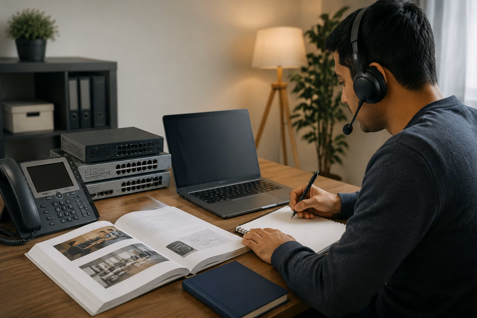 Professional learner studying collaboration technology at a desk with a laptop, headset, desk phone, and network equipment in a clear editorial composition.
