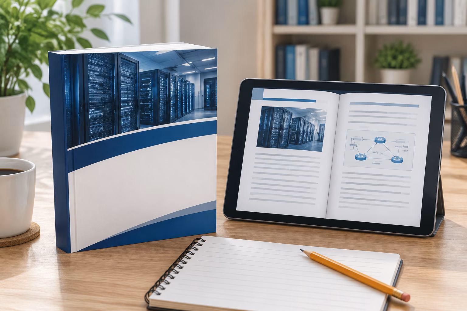 A printed study guide and a tablet with an open book page arranged on a clean desk.