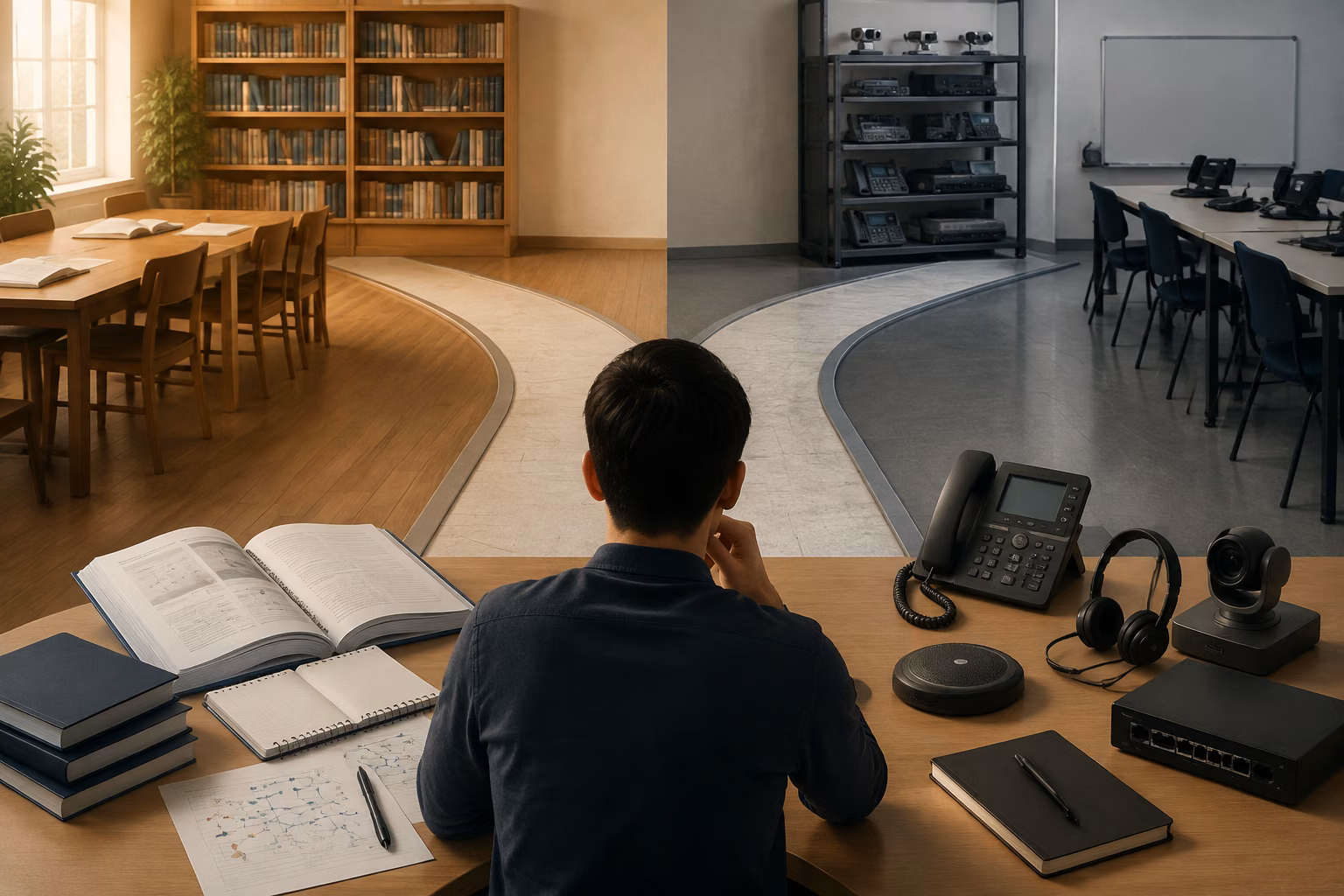Editorial illustration of a learner comparing two distinct professional training paths with study materials and collaboration equipment arranged in a balanced composition.